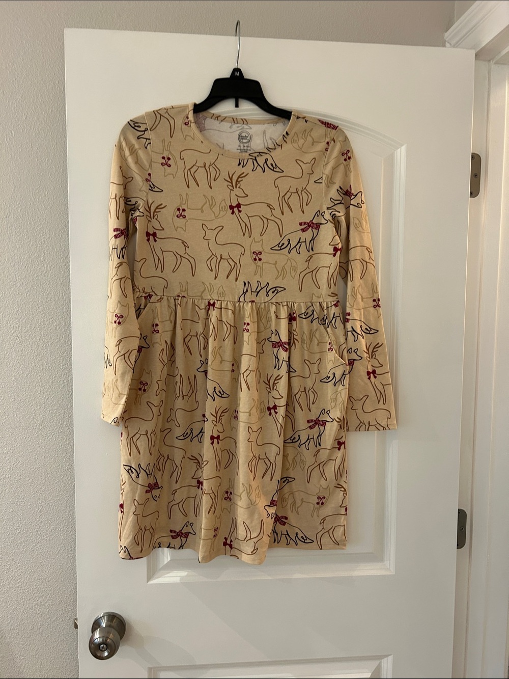 Girls' Cream Deer-Print Long Sleeve Casual Dress- Holiday